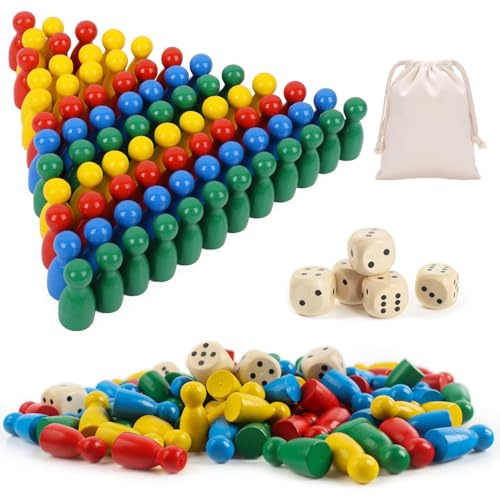 JAONLD 80 Stück Spielfiguren für Brettspiele und 5 Stück Würfel | eine Tasche mit,Spielfiguren Holz Halmakegel Spielfigurens für Brettspiele Bunte,Gesellschaftsspiel für die Ganze Familie