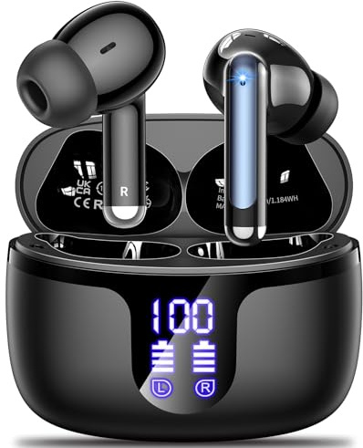 Monyhigh - Auriculares Bluetooth inalámbricos, auriculares Bluetooth 5.4 con 4 ENC Reducción de ruido Mic Auriculares inalámbricos HiFi sonido estéreo 42H Tiempo Lectura LED Auriculares deportivos