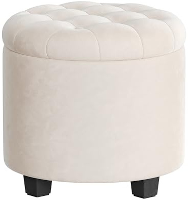 SONGMICS Sitzhocker rund, Fußhocker mit Stauraum, Schminkhocker mit Füßen, 45 x 45 x 44,5 cm, Samt, bis 150 kg belastbar, für Wohnzimmer Schlafzimmer, cremeweiß LOM012W01