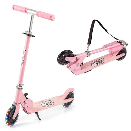 GOPLUS Skoter för barn, skoter barn från 3 år upp till 50 kg, stadsskoter höjdjusterbar med LED-hjul, bakhjulsbroms, stativ och rem, sparkcykel, vikbar för pojkar och flickor (rosa)