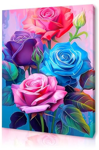 Qiukoo Framed Canvas Wall Art – Colourful Rose Artwork, Waterproof Modern Print with Hook, Wall Decoration for Living Room or Bedroom, Floral Pictures for Bedroom Walls – 12x16 Inch