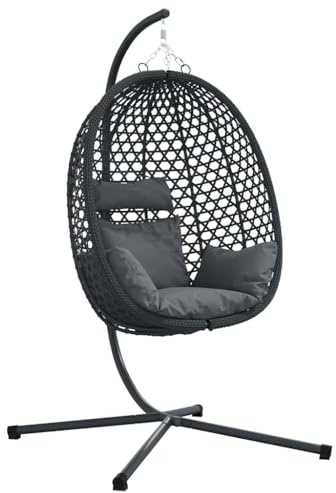 vidaXL Hängehäuschen mit Stahl-Fuß und Kissen in Anthrazit aus Poly-Rattan - Außen-Schaukel für Garten, Balkon, Lounge - Bequemer, vielseitiger elliptischer Lounger
