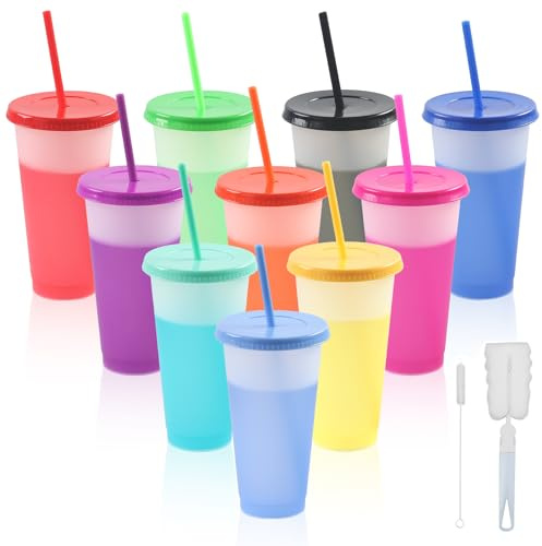 Galerie SV 10 Stück Farbwechsel Becher, 710ml Trinkbecher mit Deckel und Strohhalm, Wiederverwendbare Plastikbecher, Smoothie Kaffee Reisebecher Tasse Becher To Go Travel Mug Tumbler Kinder Erwachsene