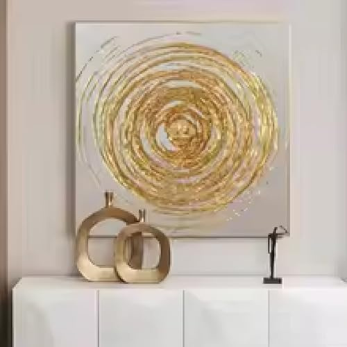 HIPWST Großer goldener Kreis Ölgemälde auf Leinwand abstrakt minimalistisch Blattgold Textur Gemälde Wohnzimmer Wandkunst 80x80cm rahmenlos