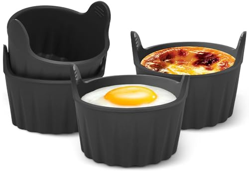 Guoxintech 4 Pcs Air Fryer Egg Poacher, Food Grade Silicone Round Egg Poacher Moulds, Black, Suitable for Microwave and Oven