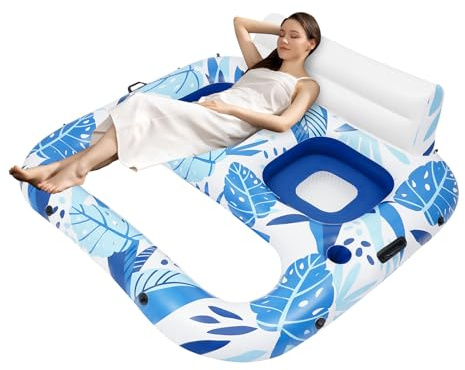 Sillón de piscina hinchable para 2 personas, para piscinas de adultos, con soporte para bebidas y asa, asiento de piscina grande, colchón hinchable con red, colchón de aire para vacaciones, para