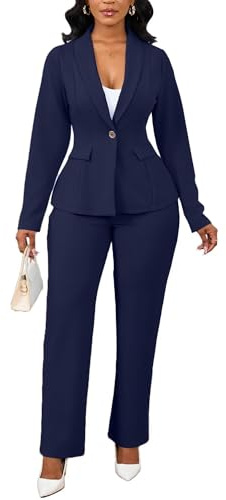 Women Business Casual Clothing Blazer and Pants Set 2 Piece Sets Straight Leg Set Formal Office Work Outfits Navy Blue L