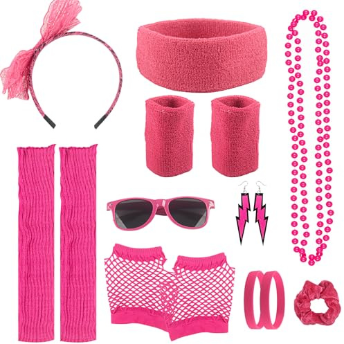 10PCS 80er 90er Jahre Outfit Damen, Mit Fliege Haarreif,Haarbänder,Stirnband,Blitz Ohrringe,Netzhandschuhe,Halskette,Armband,Handgelenkbänder,Beinstulpen,Brille, Für 80er 90er Jahre Neon Kostüm Partys