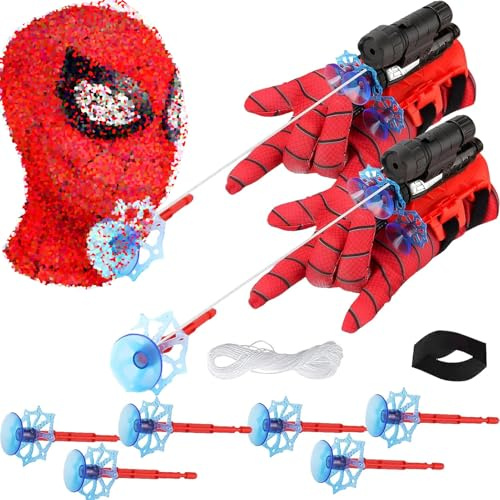 DFADKYWU Set di 2 Spid-ER Guanti per Bambino, Lance Toile Spid-ER, Spid-ER Jouet, Giochi Spid-ER Con Launcher e Maschera, Regalo Eroe per Feste e Compleanni, Spara Ragnatele Cosplay, Giochi Bambini