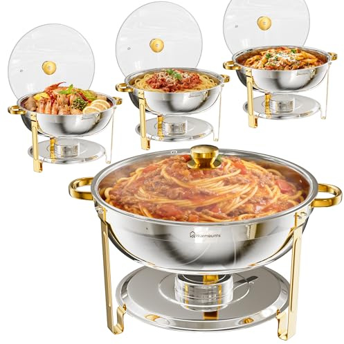 WARMOUNTS Chafing Dish 4er Set 8,5L Gold & Silber, Speisenwärmer Buffet Rund Edelstahl mit Glasdeckel, Warmhaltebehälter Stapelbar Catering Rechaud mit Deckelhalter für Gastronomie, Partys & Events