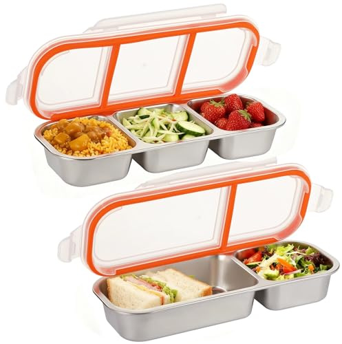 SWEWARM Juego de 2 cajas Bento de acero inoxidable de alta calidad, 700 ml (2 compartimentos) y 600 ml (3 compartimentos) a prueba de fugas con interior de acero 304, portátil, diseño delgado (10.3 x
