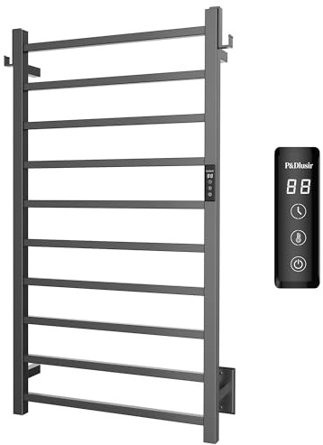 P&Dlusir Square Bar Towel Warmer, Heated Towel Rack with Smart Timer and Thermo Control, Wall-Mounted Heated Towel Rail, Stainless Steel, Hard-Wired/Plug-in, 10 bar, Matte Black