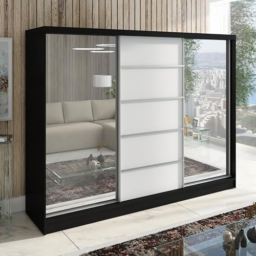 A&J MöbelLand Schwebetürenschrank Taro Kleiderschrank 3-türig mit Spiegel Garderobenschrank 200 cm (Schwarz/Weiß)
