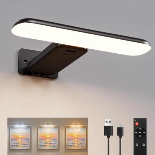 Bildbeleuchtung Kabellos, 300 lm Wandlampe Akku mit 3 Lichtfarben, Schwarz | Dartscheibe Beleuchtung mit Fernbedienung & Timer, 4500mAh, Kleben/Schrauben, für Gemälde, Spiegel & Bilderrahmen- 1 Stück
