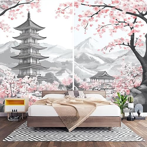 Papel Pintado Panorámico Fotomurales Arquitectura Tradicional Japonesa 200x140 cm, Murales de Pared Decoración Póster in Tejido No Tejido Flores de Cerezo Rosas Personalizado 3D Para Salón Dormitorio