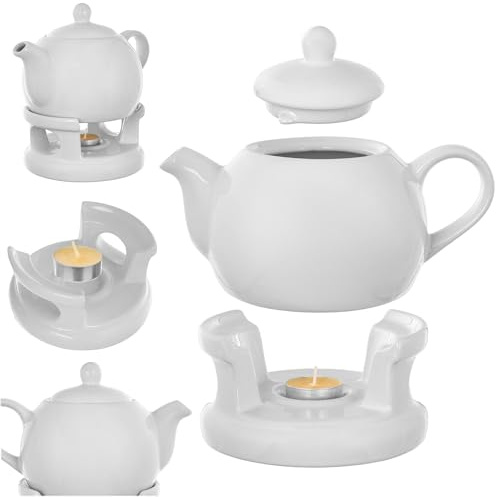 KADAX Teekanne 1L mit Stövchen Set, Kaffeekanne aus Porzellan mit Deckel, Griff und Teestövchen, Kanne mit Teelicht Wärmer für Tee, Teeservice (Weiß)