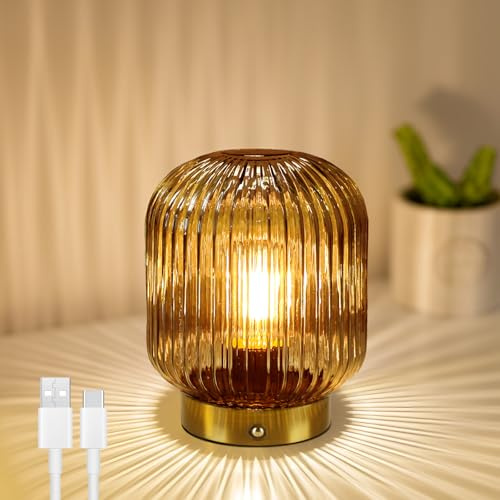 MJ PREMIER Tischlampen Kabellos Aufladbar, Gelb Glas Nachttischlampe | Dekorative Tischleuchte Touch Dimmung Glas Leuchte mit Helligkeitsspeicher, Notlicht für Schlafzimmer Wohnzimmer als Geschenk