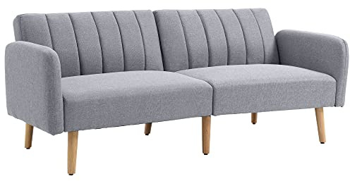 HOMCOM Schlafsofa Verstellbare Rückenlehne Armlehne 173x75x73cm Hellgrau | 2-Sitzer Sofa mit Schlaffunktion, Dick Gepolsterte Couch, Schlafcouch, Holzbeine, Wohnzimmer, Gästezimmer