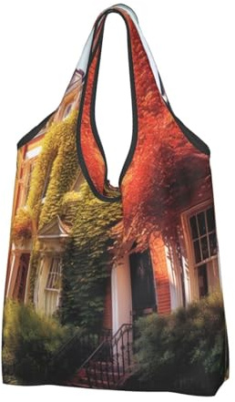 JKSEEPYN Leafy Townhouses bedruckte Einkaufstasche, faltbar, wiederverwendbar, waschbar, Schultertasche, Einkaufstasche, Alltagstasche, 1 Stück