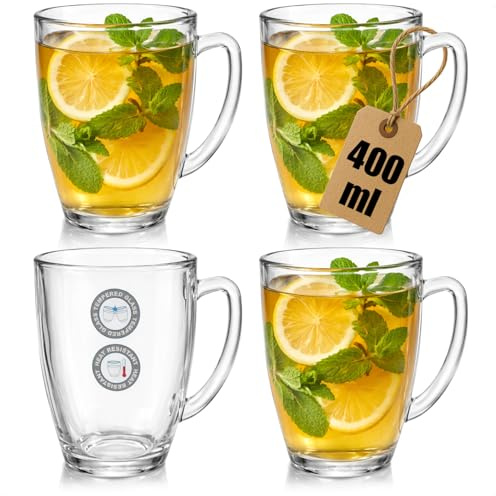 com-four® 4x Teeglas aus gehärtetem Glas - 400ml hitzebeständige Kaffeetassen - Große Trinkgläser mit Henkel für Tee, Kakao, Kaffee und Cappuccino (04 Stück - 400ml)