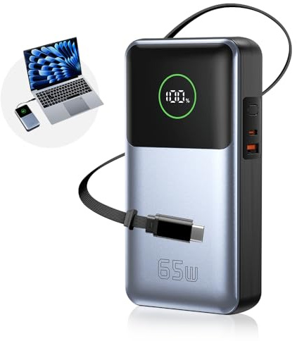 Batterie Externe 26800mAh, Charge Rapide PC Portable 65W PD, Câble Type-C Rétractable Intégré, 3 Ports de Sortie Simultanés, Portable et Léger（Noir）