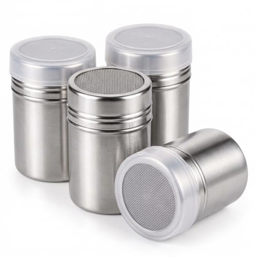 RQcMid Mehlstreuer Kakaostreuer Staubzuckerstreuer Set, Puderzuckerstreuer Mehlstreuer Brot Backen, Kakaostreuer Für Cappuccino Puderzucker Sieb, 4 Stück Verstärkte Ausführung Mit Deckel 5x7 cm