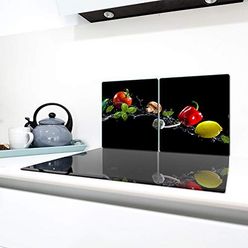 QTA | Herdabdeckplatten 2 x 40 x 52 cm Ceranfeldabdeckung Schutz Herdblende 80x52 2teilig Glas Spritzschutz Abdeckplatte Glasplatte Herd Ceranfeld Abdeckung Schneidebrett Schwarz Gemüse