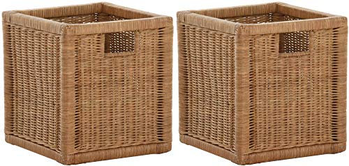 korb.outlet Set / 2 Regalkorb Braun-Hell ca. 28x29x30 mit Holzrahmen Rattan Schubfach Box zur Aufbewahrung Schrankkorb Griff