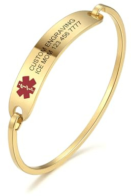 MOWOM Medical Alert Cuff Bangles Bracelet For Women Girls Customized Engraving Stainless Steel Personalized Name ID Identification Allergy Emergency (Gold Color, 65mm Diameter, 8mm Width)
