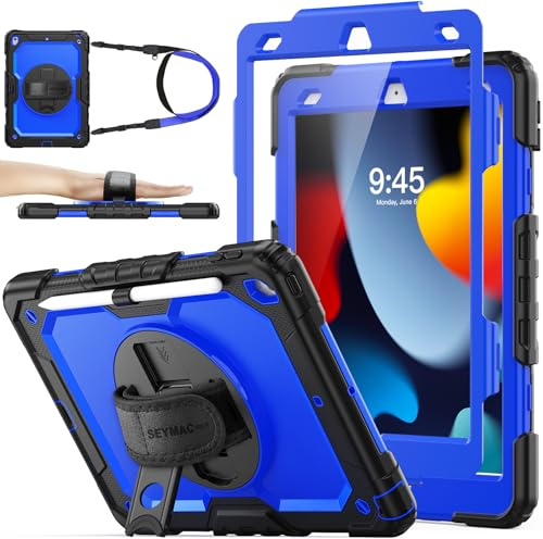 SEYMAC stock Case for iPad 9th/8th/7th Generation 10.2'' 2021/2020/2019 | Heavy Duty Shockproof, with Screen Protector, 360° Rotating Stand/Hand Strap, Pencil Holder & Shoulder Strap, Blue