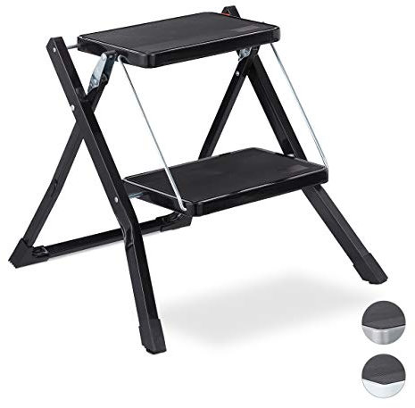 Relaxdays Scala Pieghevole, 2 Gradini, Salvaspazio, Antiscivolo, Ferro, HLP 45x50x50 cm, Nero