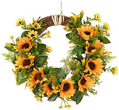 LAMF Artificial Sunflower Summer Wreath, 12 Inch Decorative Floral Wreath with Yellow Sunflower and Green Leaves Front Door Wreaths for All Seasons