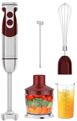 Frullatore a immersione MegaWise Pro Titanium Reinforced 5 in 1, potente 400 W con lame più affilate dell'80%, frullatore con cavo a 12 velocità, (rosso)