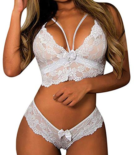 CheChury Femmes Ensemble de Lingerie Sexy en Dentelle String Ensemble sous-Vêtements De Seduction 2 pièces avec Soutien-Gorge et Culotte en Dentelle(S,Blanc)