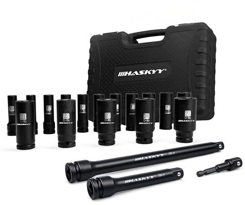 HASKYY Kraftnüsse Set 1/2 Zoll 19 tlg. 10–27 mm – Schlagschrauber Stecknüsse aus Chrom-Molybdän-Stahl mit 2 Verlängerungen & 1/4 Zoll Adapter