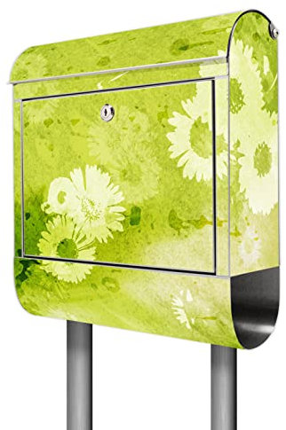 banjado® Briefkasten mit Standfuß Motiv WT Kamille Grün - Stand Briefkasten Edelstahl mit Zeitungsfach - Postbox/Postkasten A4 Einwurf inkl. Montagematerial & 2 Schlüssel