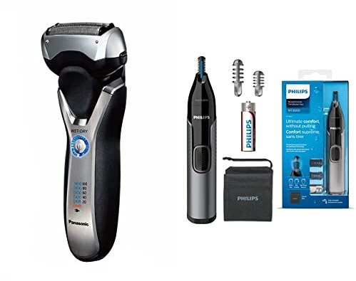 Panasonic Nass/Trocken-Rasierer ES-RT67 & Philips Nasen und Ohrenhaartrimmer Series 3000 zum sicheren Trimmen von Nasen und Ohrenhaaren und Augenbrauen ohne Zupfen NT3650/16