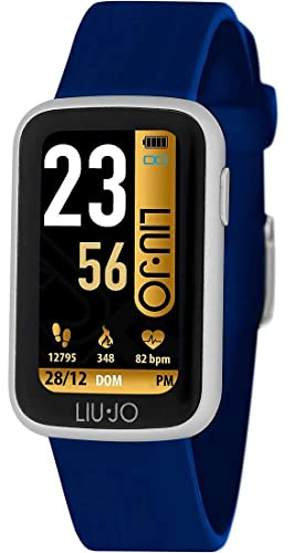 LiuJo Fit SWLJ040 - Orologio intelligente da donna in acciaio inox e silicone, colore argento/blu, impermeabile: IP68, dimensioni cassa: 44 mm x 32,7 mm x 10,3 mm