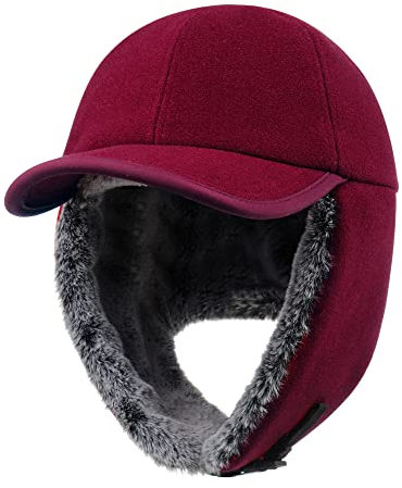 Gisdanchz Warme Mütze Mit Ohrenklappen Basecap Winter Cap Herren Damen Mütze Mit Ohren Wolle Fellmütze Trappermütze Fliegermütze Wintermütze Winterkappe Russische Mützen Herren Damen, Burgund