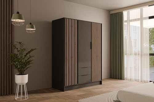 ALTDECOR Kleiderschrank mit selbstschließenden Lamellentüren, Lamellen, Flügeltüren - Nelia - 150 cm Graphit