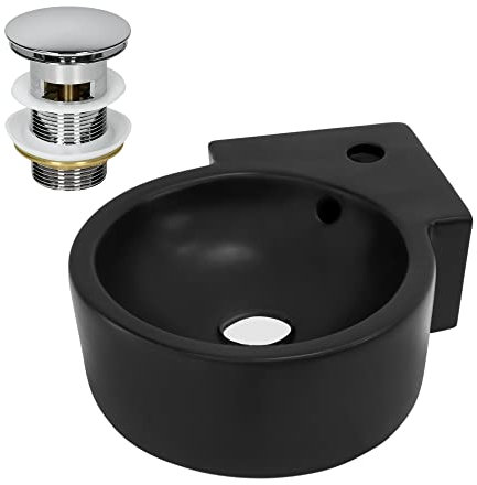 ML-Design Lavabo da Appoggio in Ceramica 45 x 36 x 13 cm Nero Opaco Lavandino con Set di Scarico Cromato e Troppopieno Montaggio a Parete Lavello ad Angolo per Bagno Piletta Design Moderno Angolare