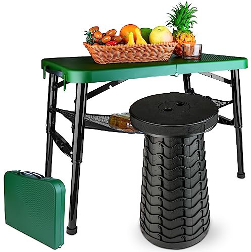 maliven Tragbares Klapptisch und Hocker-Set, leichter faltbarer Tisch & zusammenklappbarer Hocker für Camping, Picknick, Strand, Angeln, stabiler kleiner Outdoor-Tisch mit Netzschicht-Aufbewahrung