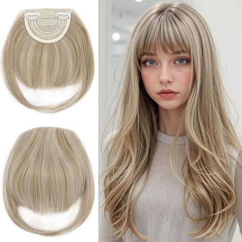 Elailite Pony Haarteil Echthaar Clip in Bangs One Piece Extensions Fringe natürlich Verlängerung 2 Clips # Dunkelblond/Hellstes Blond