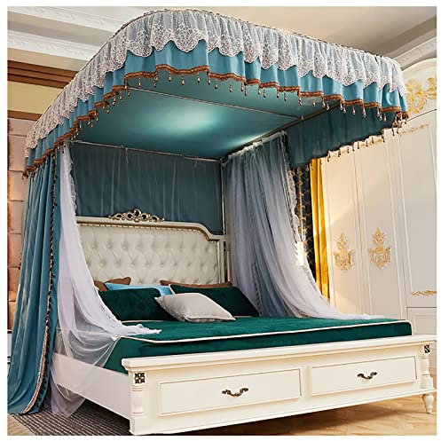 ZMYJTO Prinzessin Bettvorhang Himmelbett Vorhänge mit U-förmiger Schienenhalterung Moskitonetz für Queensize-Bett für Mädchen Erwachsene Geschenk (Größe: 200 x 180 x 215 cm, Farbe: blau)