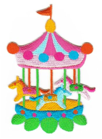 Kinder Karussell Aufnäher zum aufbügeln oder aufnähen Bügelbild Pferde Aufbügler für Kleidung gestickter Bügelflicken Applikation Patch Größe 6,4 x 9,0 cm