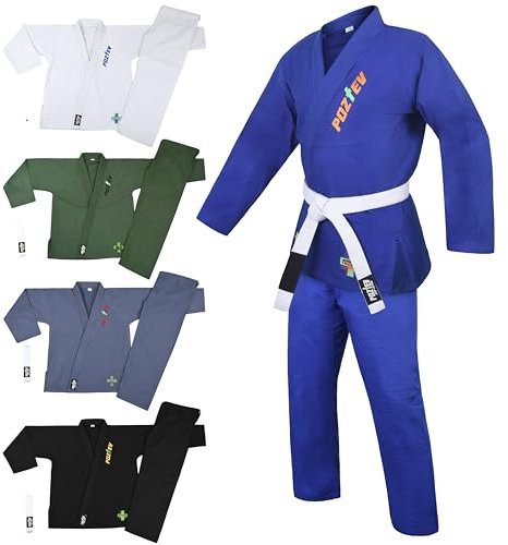 POZTEV Brazilian Jiu Jitsu Gi for Men & Women BJJ Gi Grappling Kimonos Preshrunk Lightweight Fabric Martial Arts Training Uniform With Free White Belt (Blue,A4)