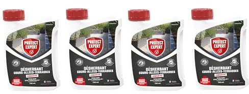 PROTECT EXPERT Désherbant Concentré - Cours Allées Terrasses - Effets Visibles Sous 3h - 4x700ml - Jusqu’à 232m² Traités - Bidon Doseur PROCOUR700X4