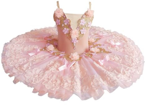 BEDEUU Vestido de ballet sin mangas para niños y niñas, vestido de flores de competencia de mujeres profesionales Traje de bailarina de baile del lago de los cisnes,Rosado,140