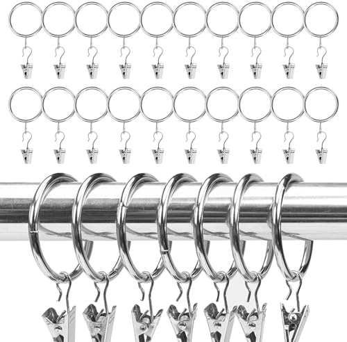 Gardinenringe, Metall Vorhangringe, Gardinenringe Vorhangringe, 25 Stück Vorhang Clip Gardinenstange, 32mm Gardinenringe Stainless Hanging, Vorhangringe mit Clips, Gardinenstangenclip-Ringe, Silbrig