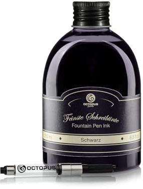 Octopus Fluids Füllhaltertinte Schwarz, 250 ml mit Tinten-Konverter | Mit Tinten-Konverter für Füllhalter mit Standardpatronensystem, farbintensive Schreibtinte mit schönem Shading